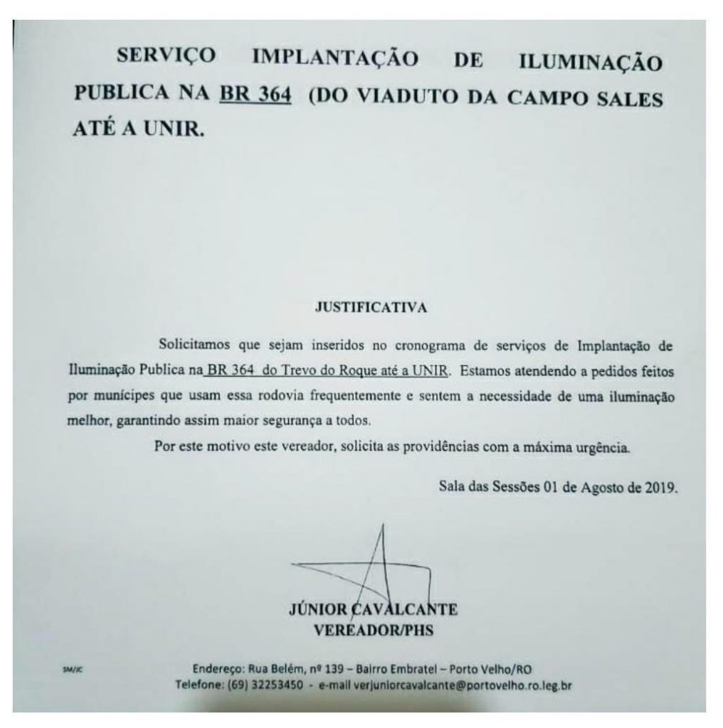 Júnior Cavalcante pede e prefeitura inicia serviço de iluminação na BR-364 sentido UNIR