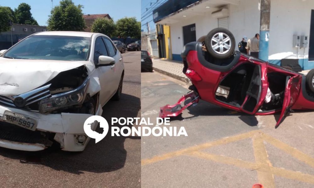 Carro capota após colisão e duas pessoas ficam feridas no centro de Porto Velho