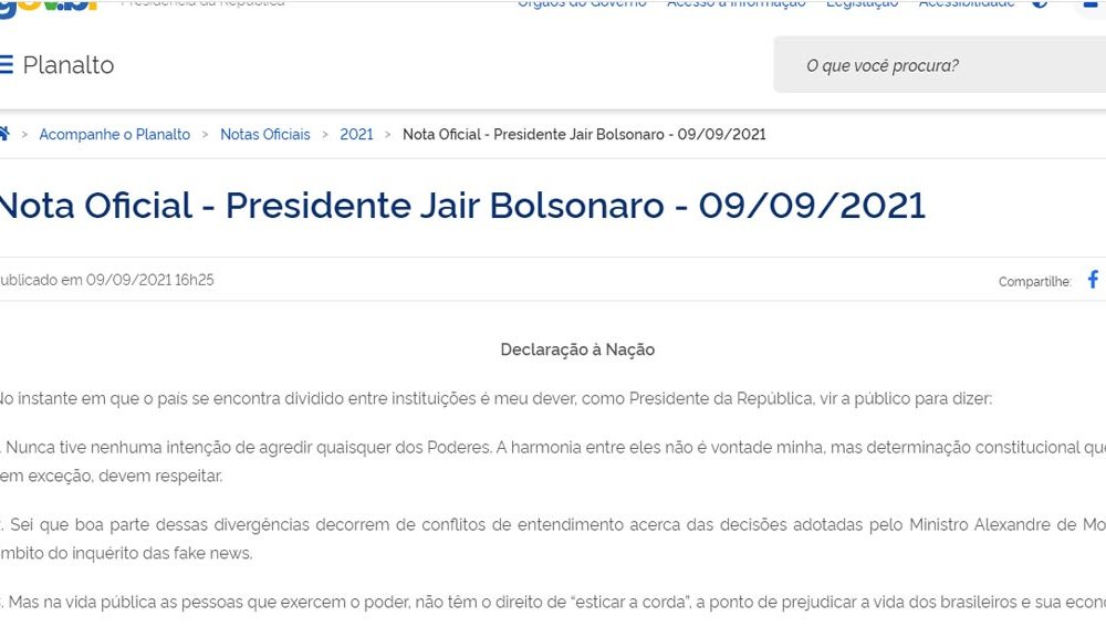 Presidente Bolsonaro divulga 'Declaração a Nação'; Leia na íntegra