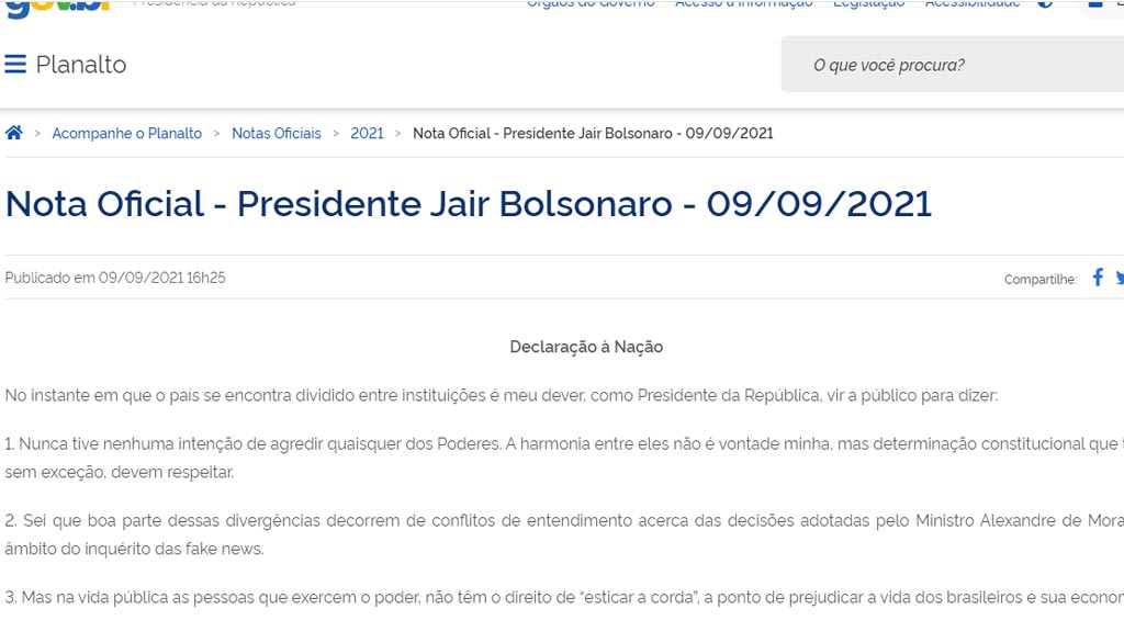 Presidente Bolsonaro divulga 'Declaração a Nação'; Leia na íntegra